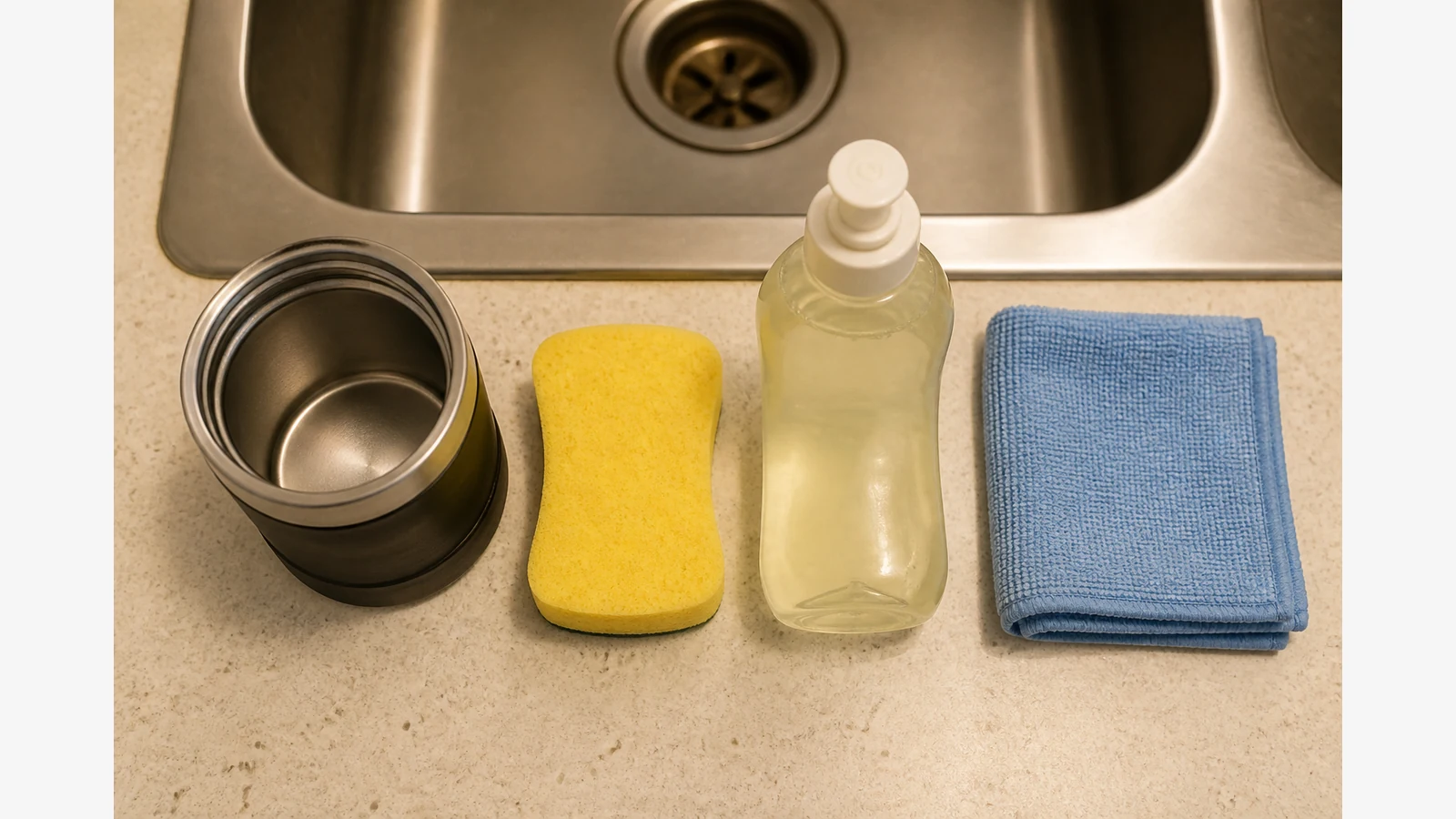 Hand-washing setup for a self-heating travel mug with sponge and mild soap by a kitchen sink