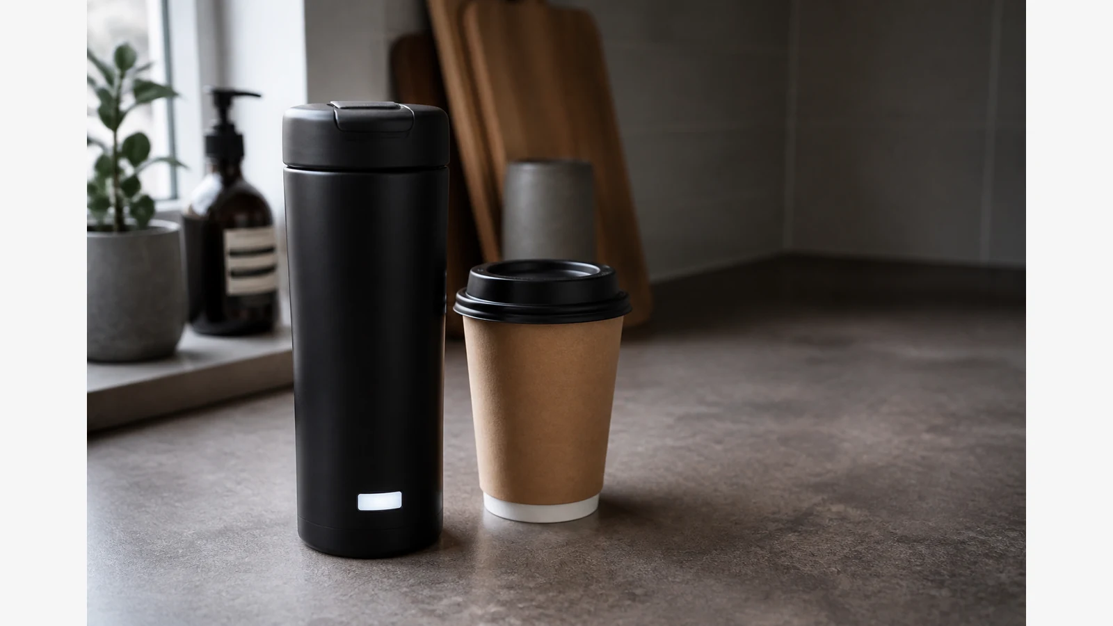 Self-heating travel mug with digital temperature display next to a cooling takeaway coffee on a UK kitchen counter