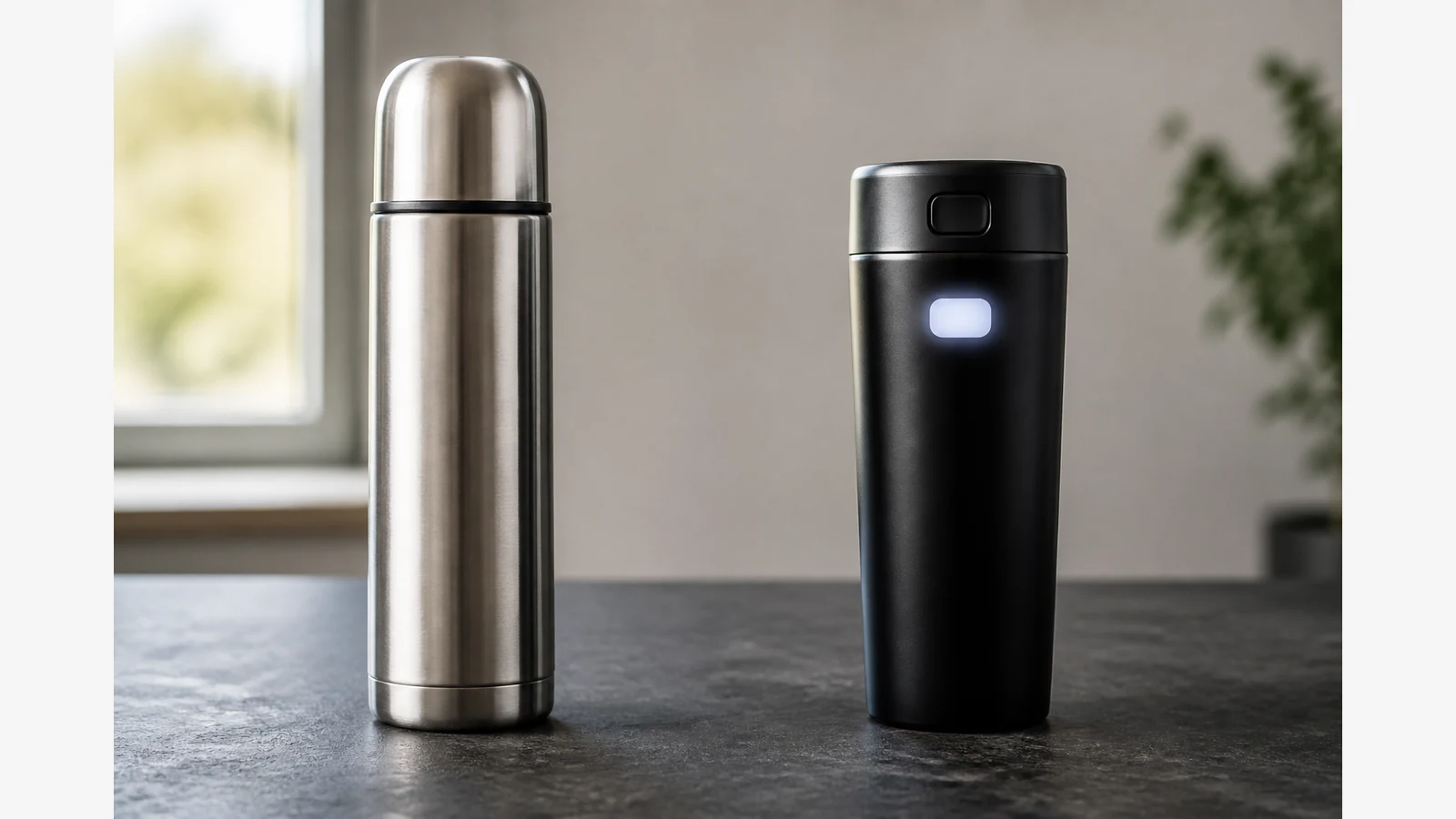 Self-heating travel mug with display placed beside a traditional vacuum thermos for comparison