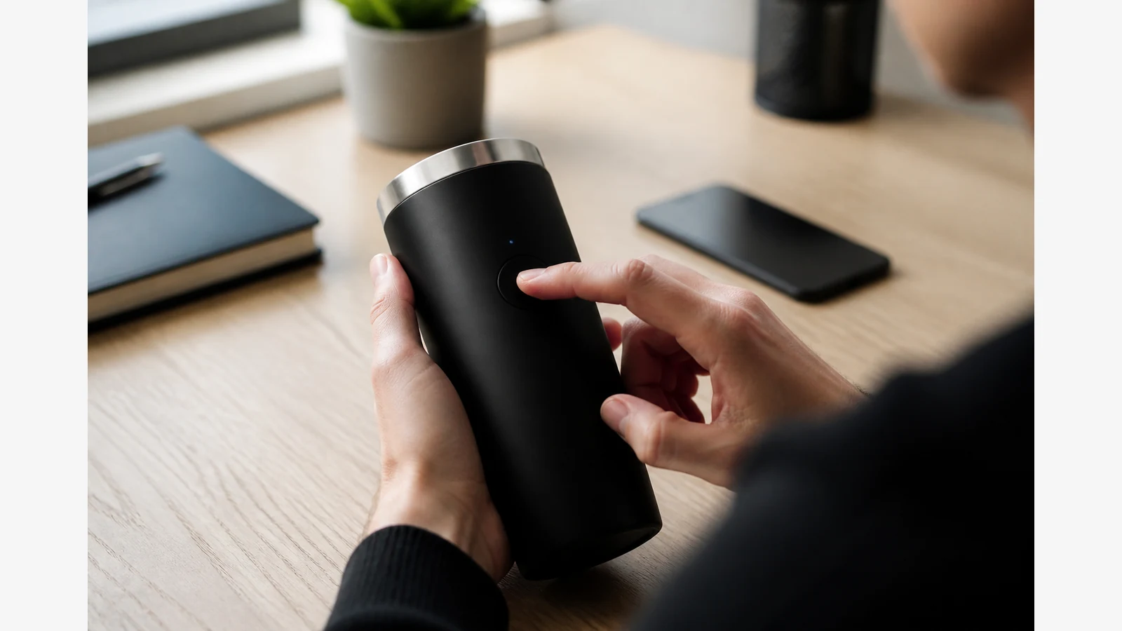 Person setting temperature on a smart mug display while a phone stays unused nearby