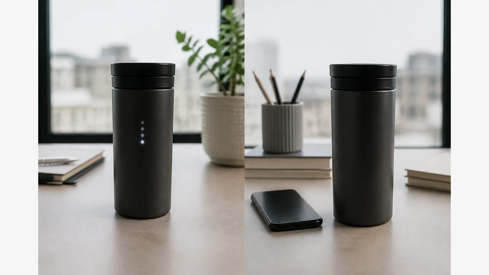Temperature control mug with on-mug display contrasted with a phone-dependent smart mug on an office desk