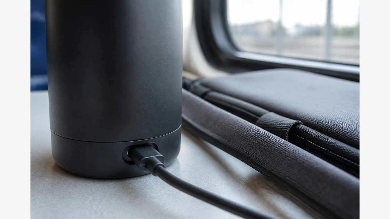 USB-C cable plugged into a heated travel mug beside a laptop bag